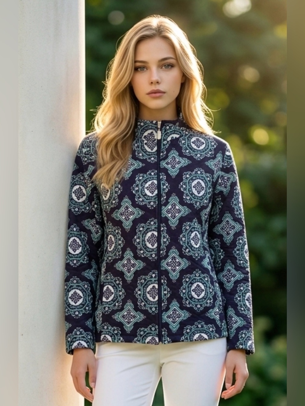 Alia Navy Quilted Zip-Front Jacket with Teal Print